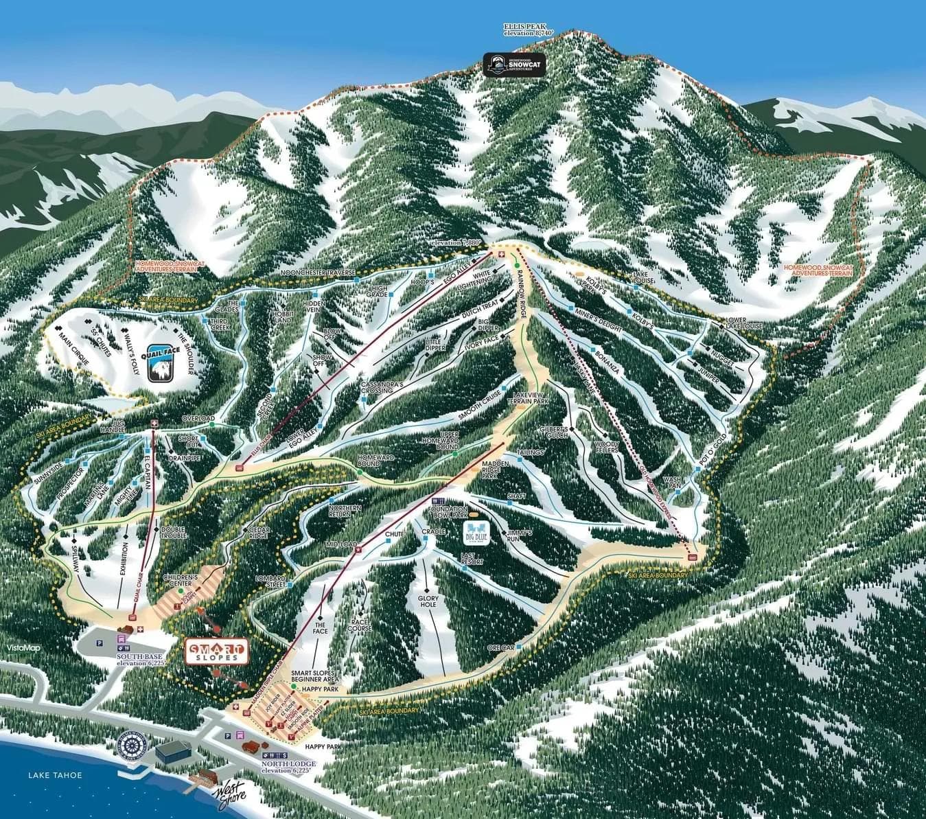 Homewood complete trail map showing all ski runs and lifts