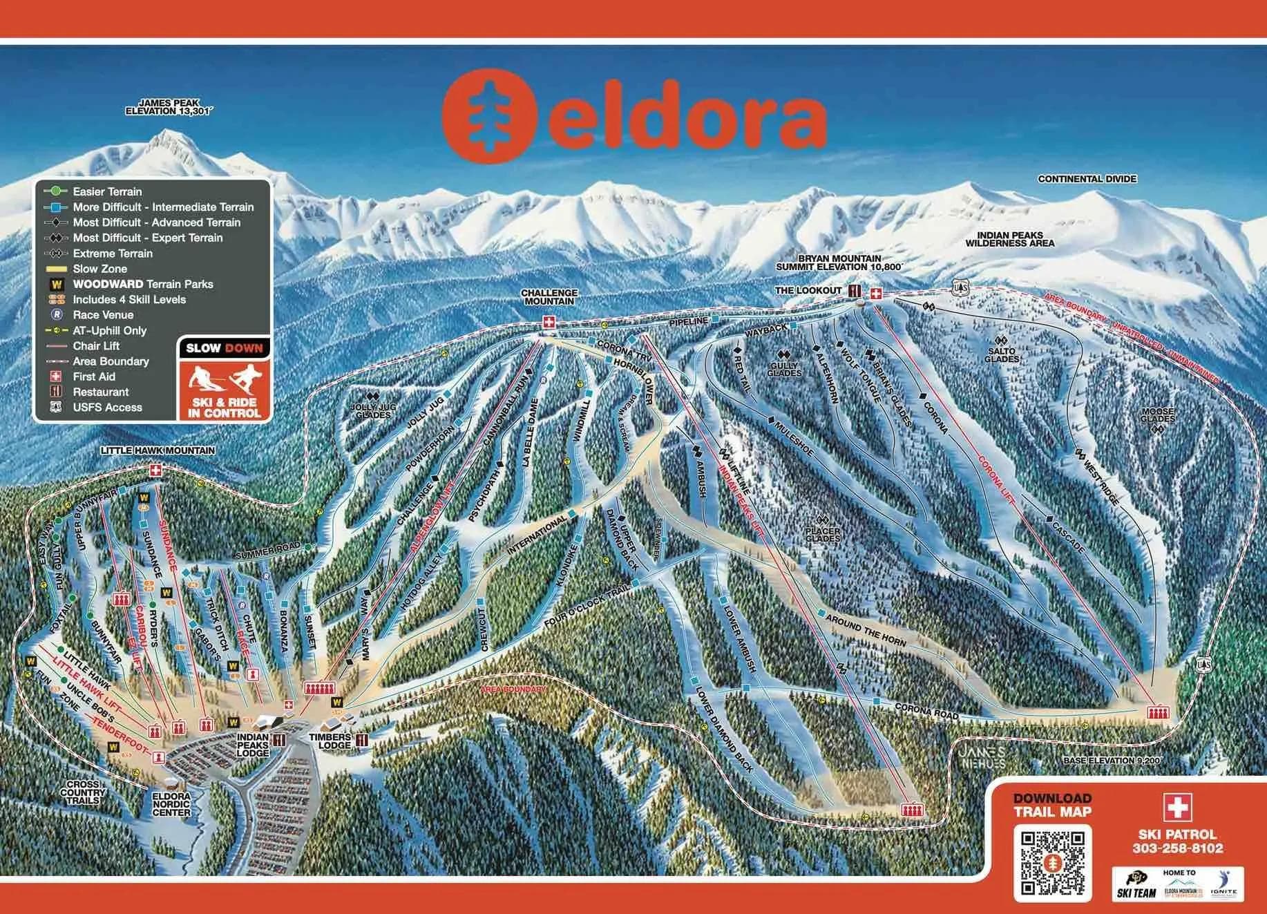 Eldora complete trail map showing all ski runs and lifts