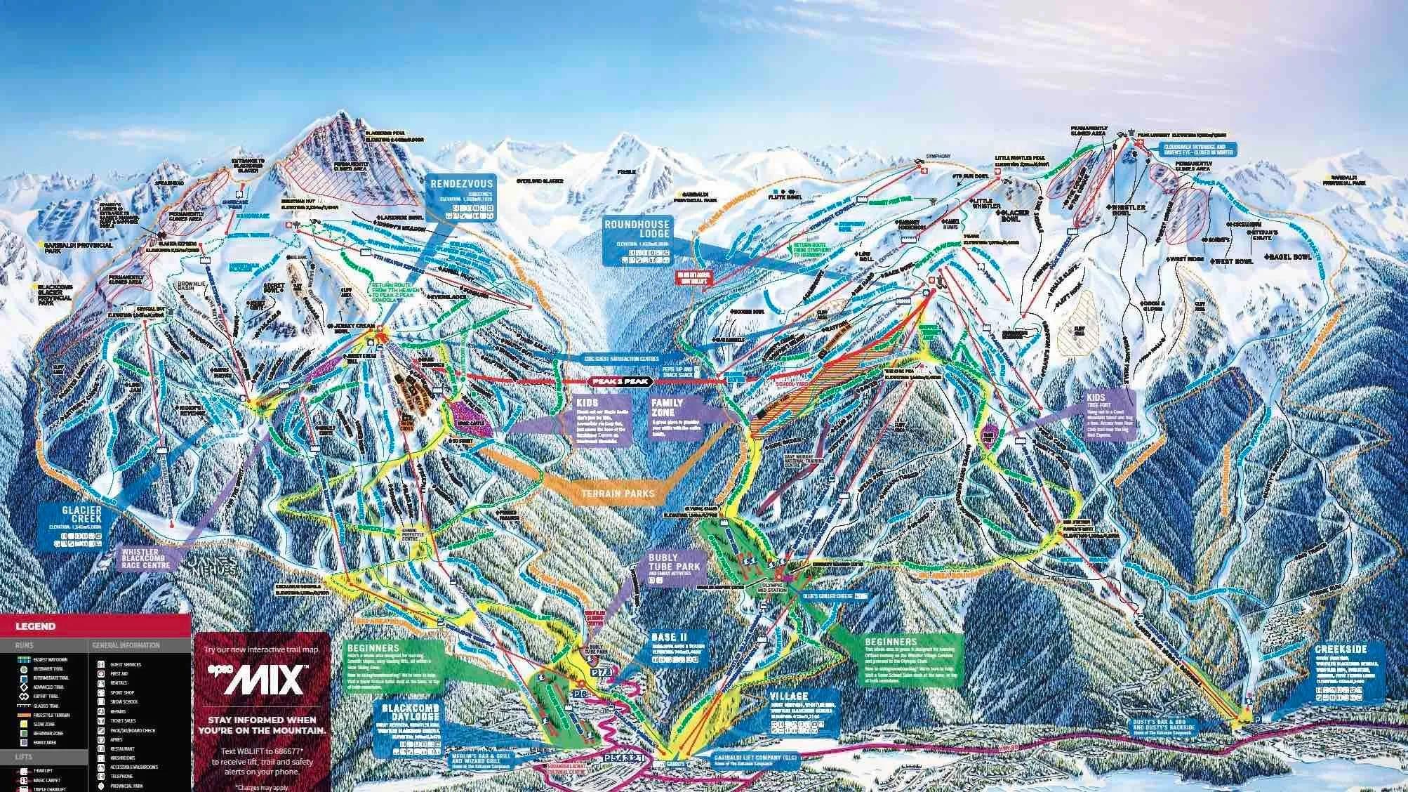 Whistler Blackcomb complete trail map showing all ski runs and lifts