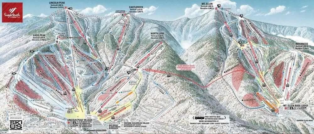Sugarbush complete trail map showing all ski runs and lifts