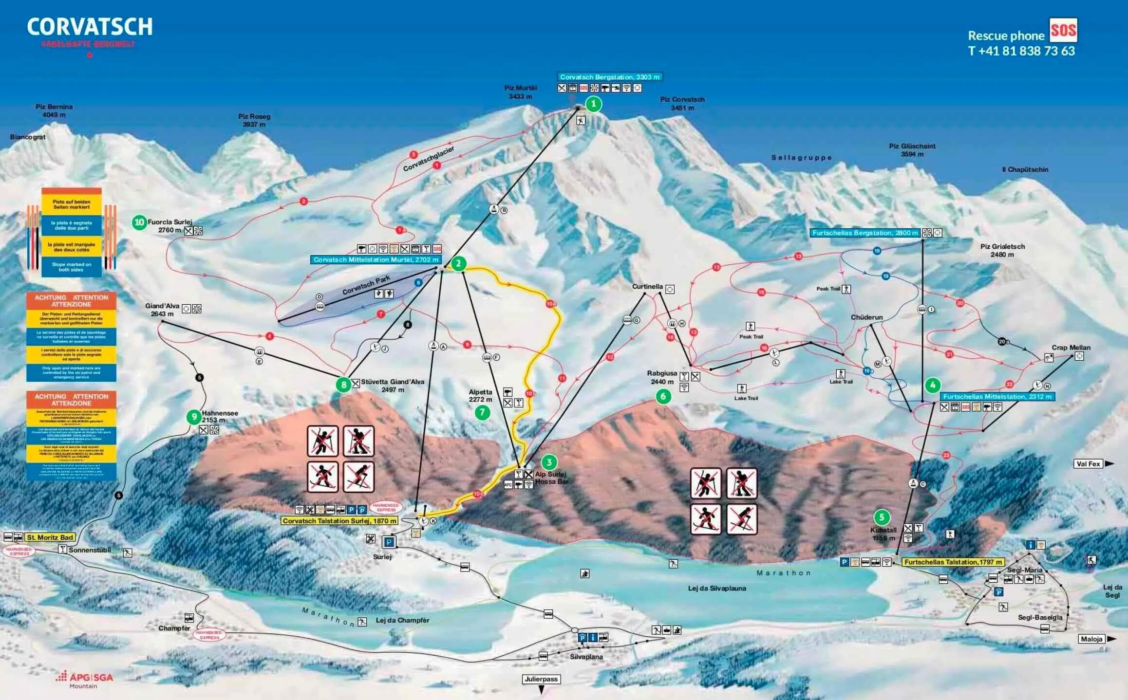 Corvatsch complete trail map showing all ski runs and lifts