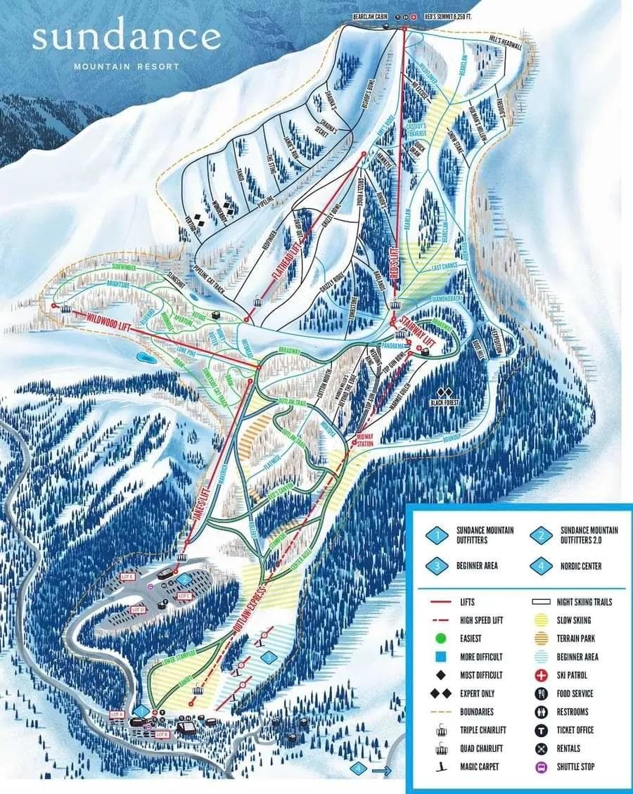 Sundance complete trail map showing all ski runs and lifts