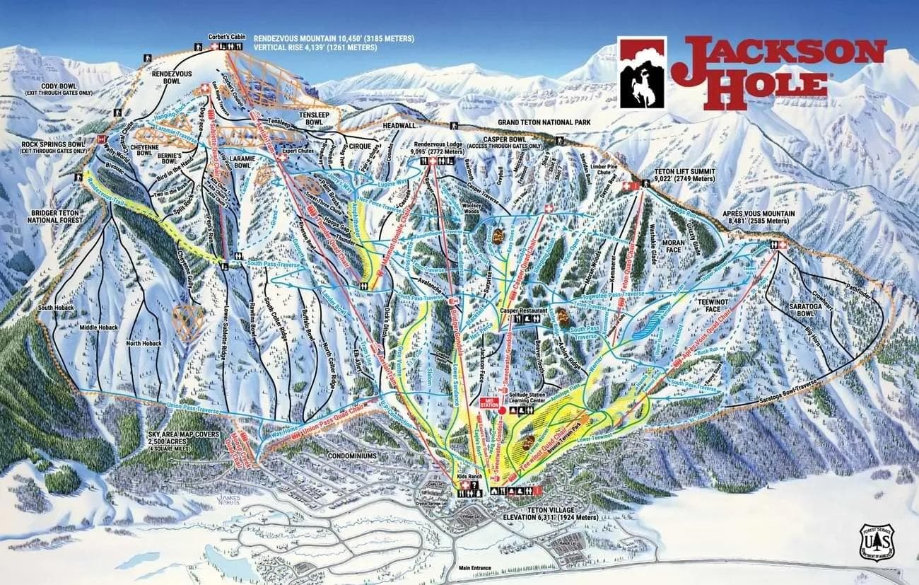 Jackson Hole complete trail map showing all ski runs and lifts