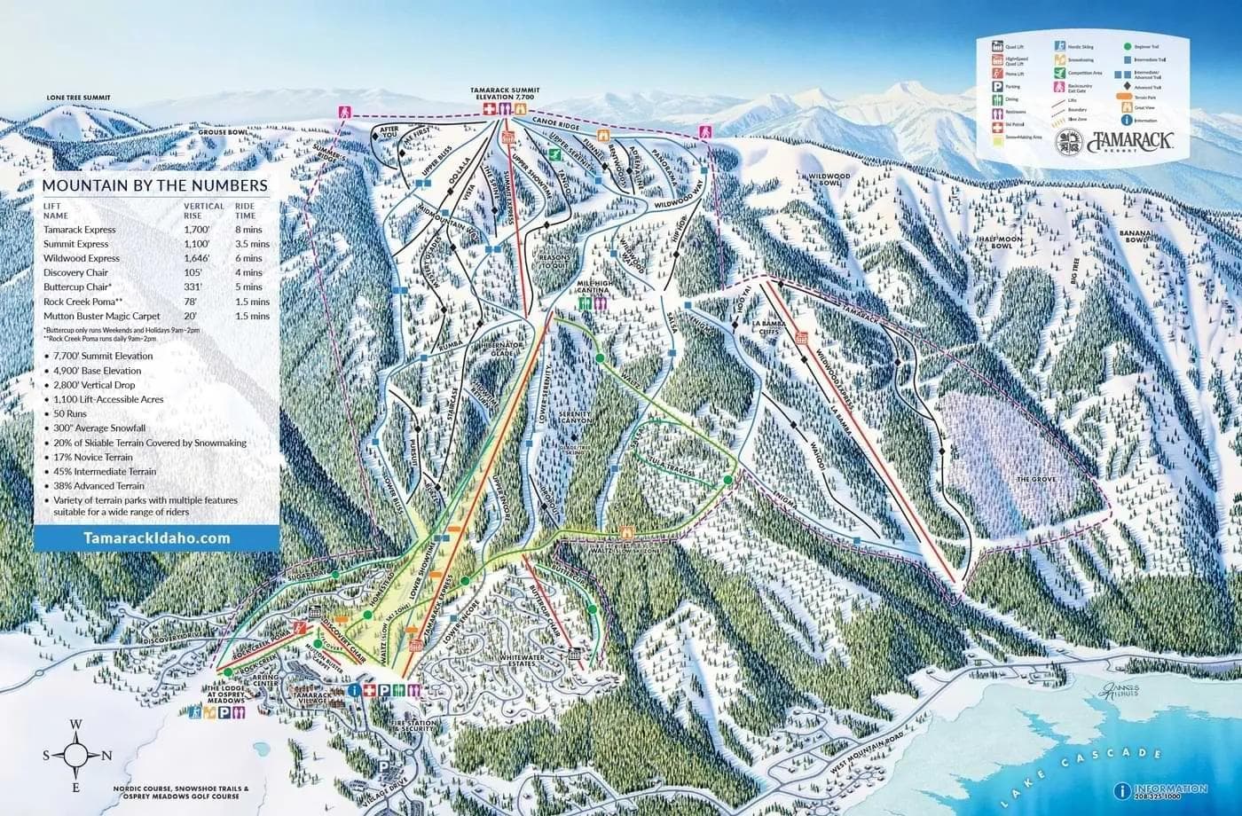 Tamarack Resort complete trail map showing all ski runs and lifts