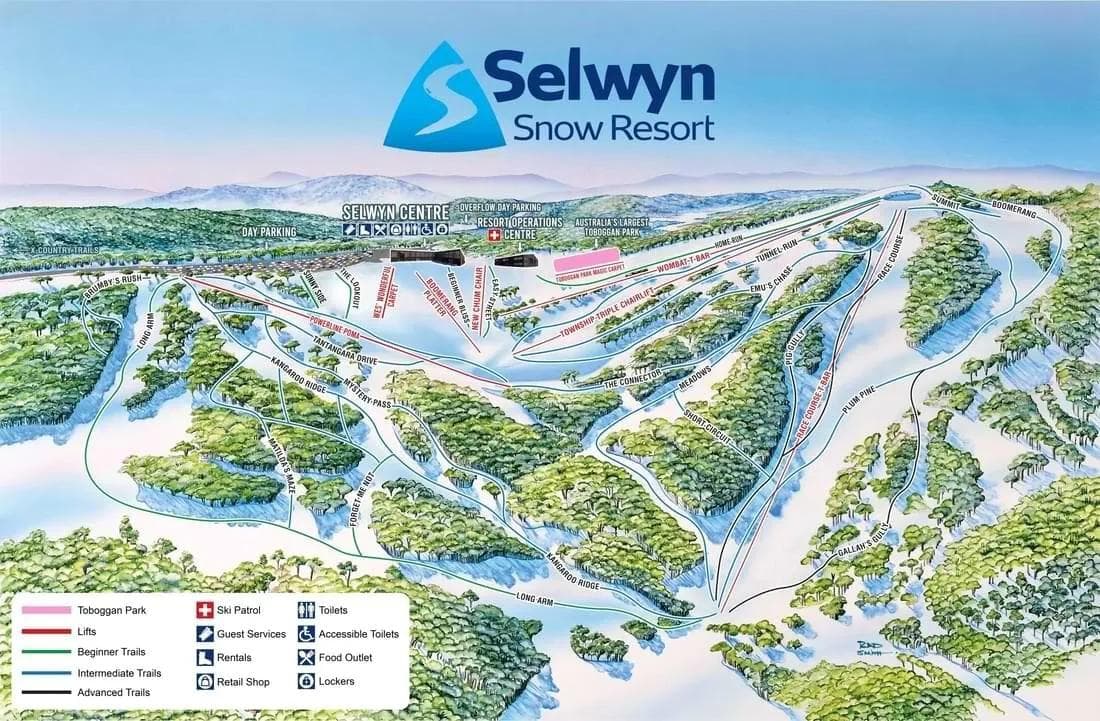 Selwyn Resort complete trail map showing all ski runs and lifts