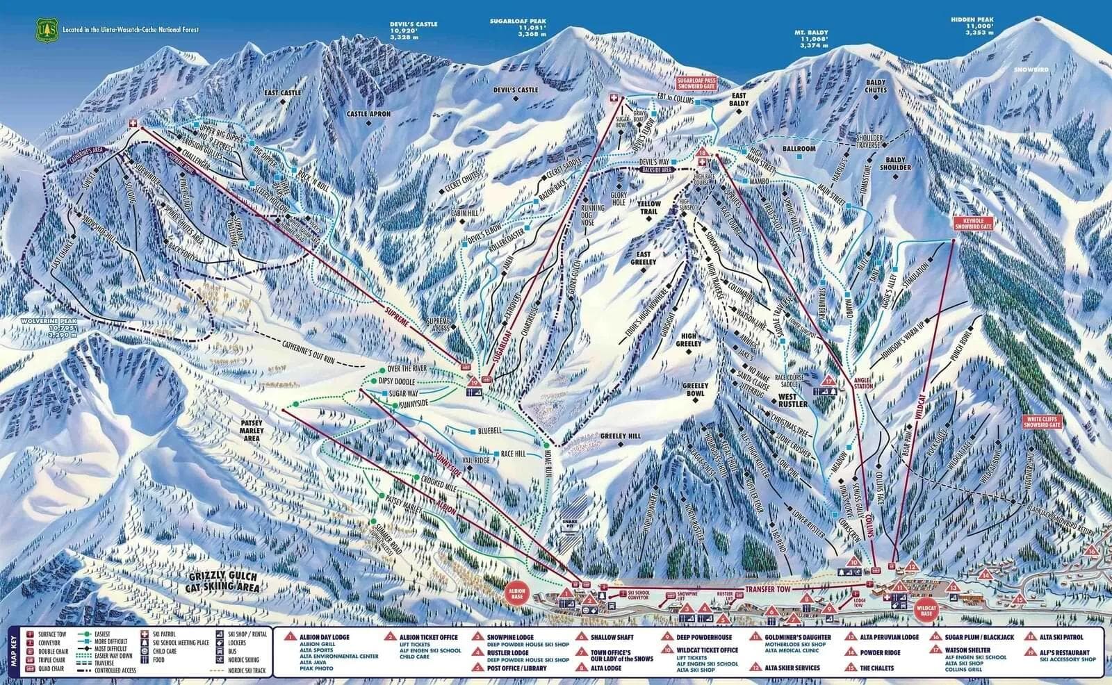 Alta complete trail map showing all ski runs and lifts