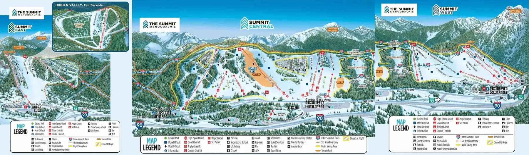 Summit at Snoqualmie complete trail map showing all ski runs and lifts