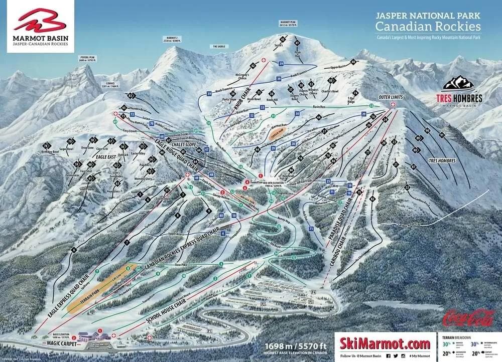 Marmot Basin complete trail map showing all ski runs and lifts