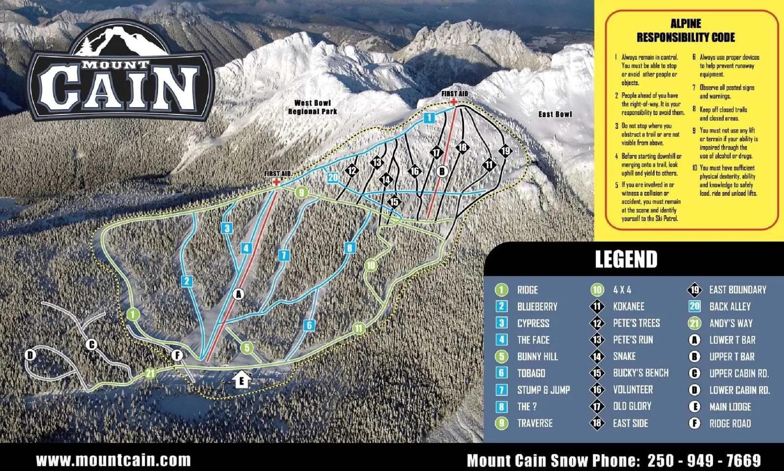 Mount Cain complete trail map showing all ski runs and lifts