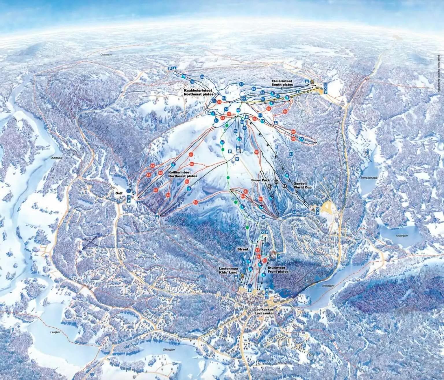 Levi complete trail map showing all ski runs and lifts