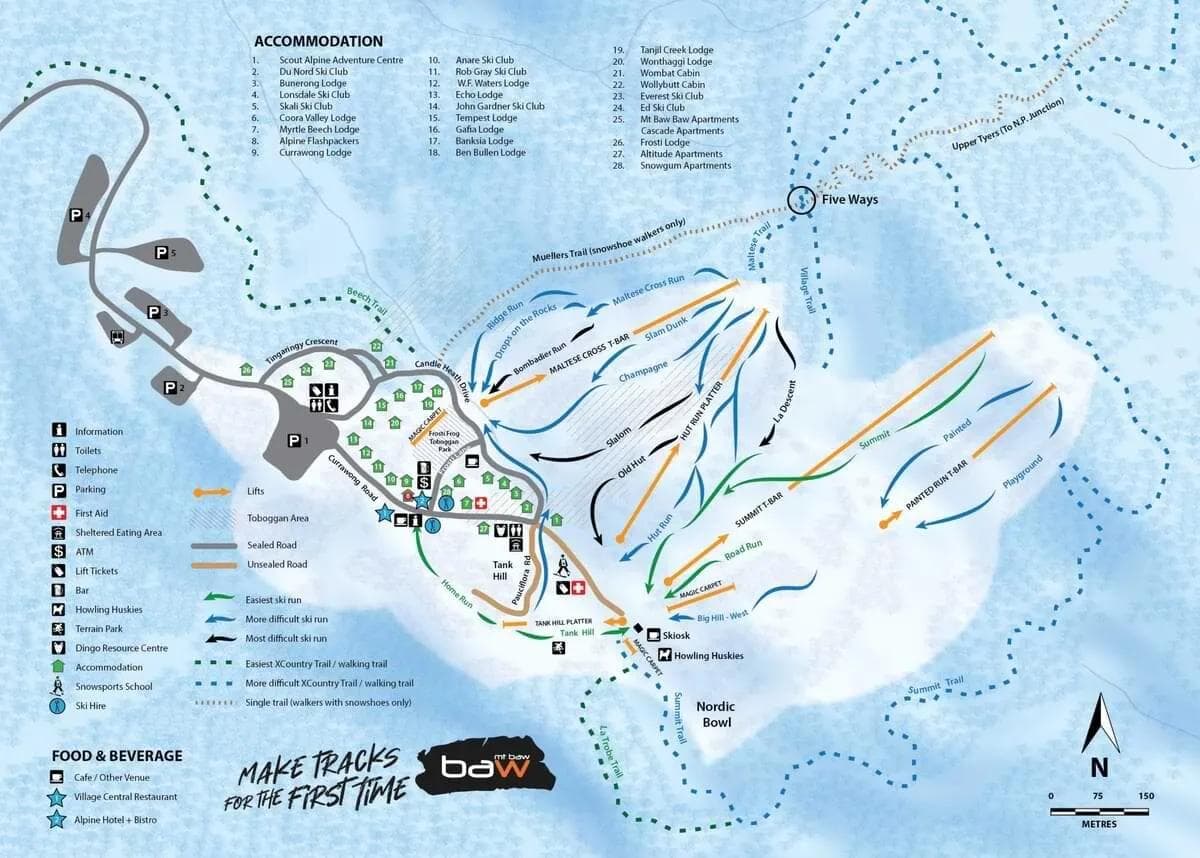 Mt Baw Baw complete trail map showing all ski runs and lifts