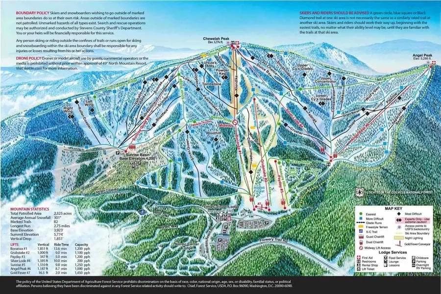 49 Degrees North complete trail map showing all ski runs and lifts