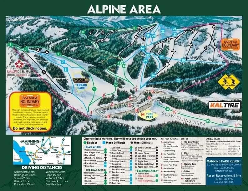 Manning Park complete trail map showing all ski runs and lifts
