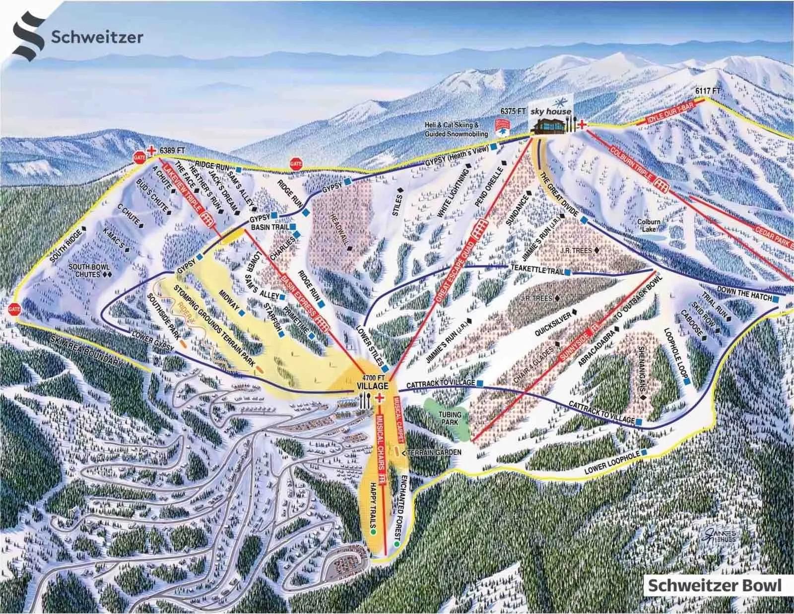 Schweitzer Mountain complete trail map showing all ski runs and lifts