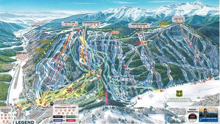 Purgatory complete trail map showing all ski runs and lifts