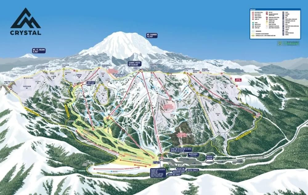 Crystal Mountain complete trail map showing all ski runs and lifts