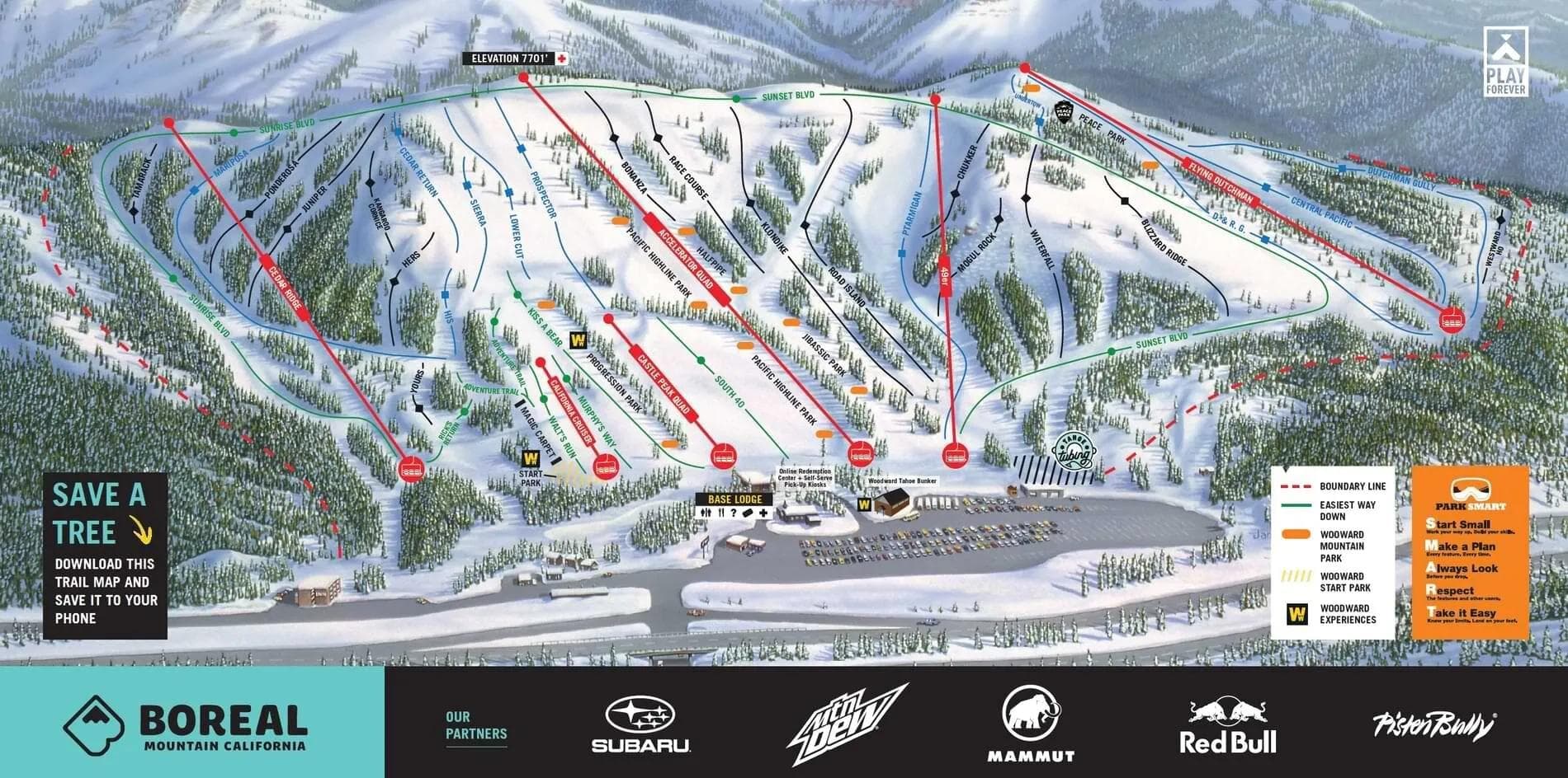 Boreal complete trail map showing all ski runs and lifts