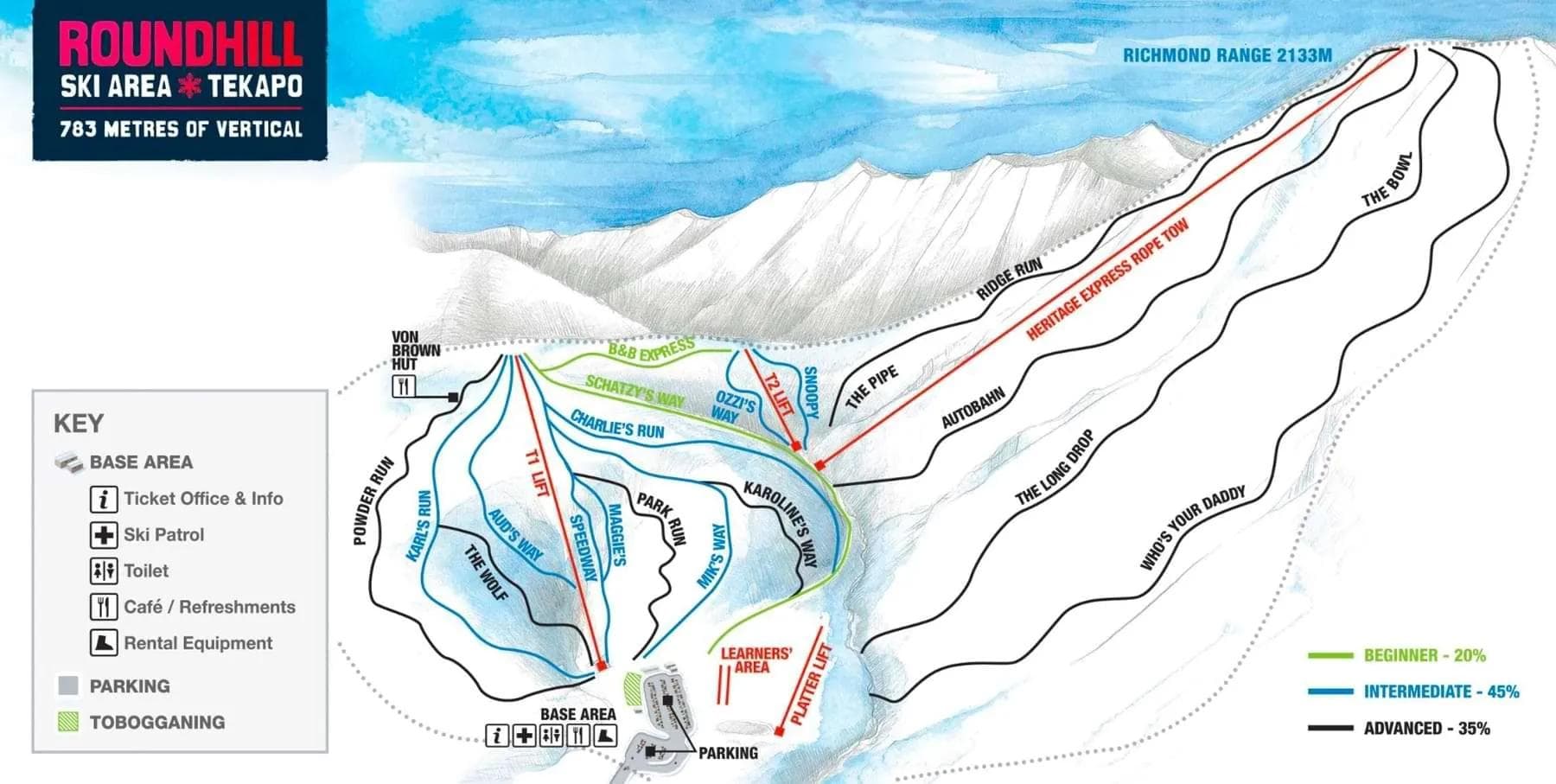Roundhill complete trail map showing all ski runs and lifts