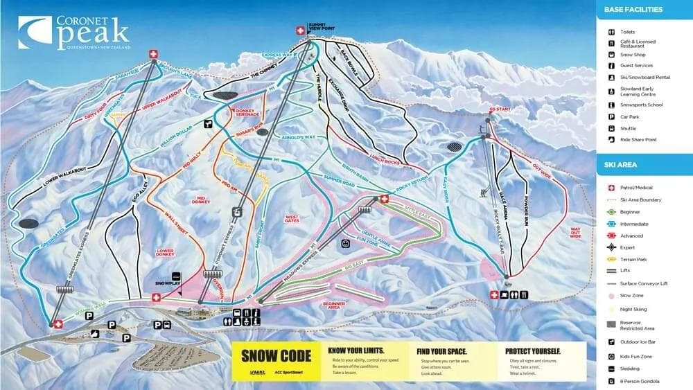 Coronet Peak complete trail map showing all ski runs and lifts
