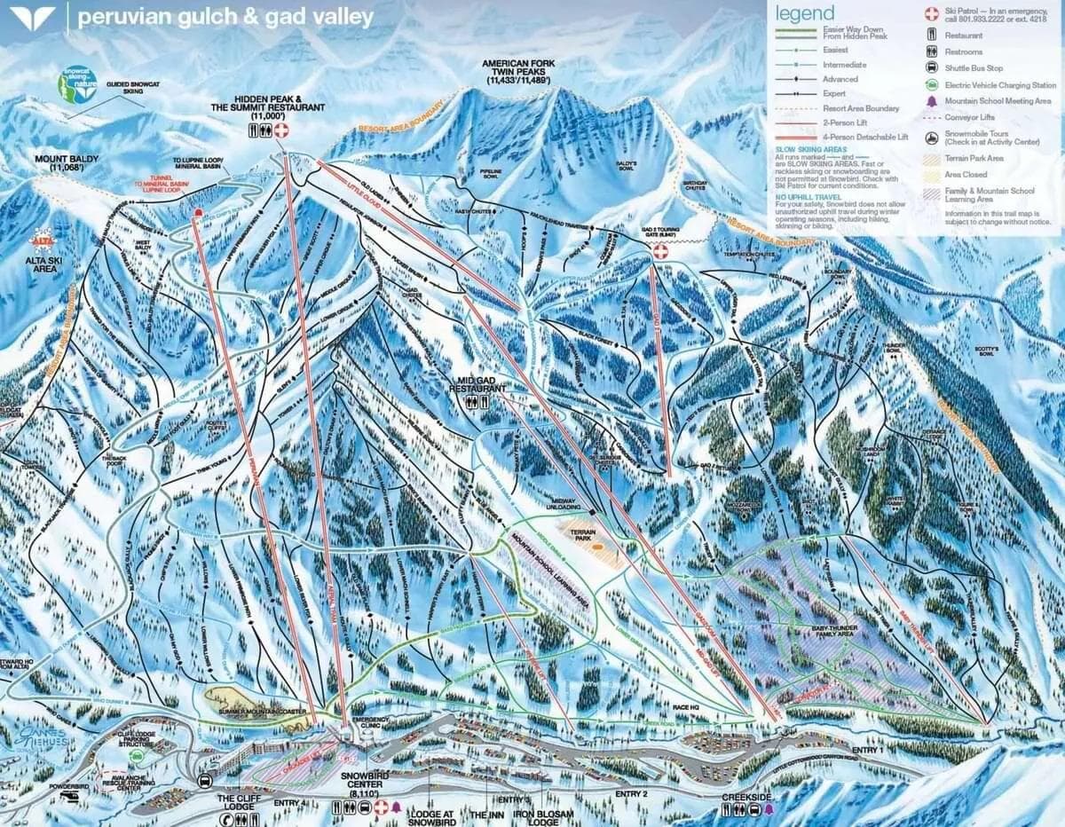 Snowbird complete trail map showing all ski runs and lifts