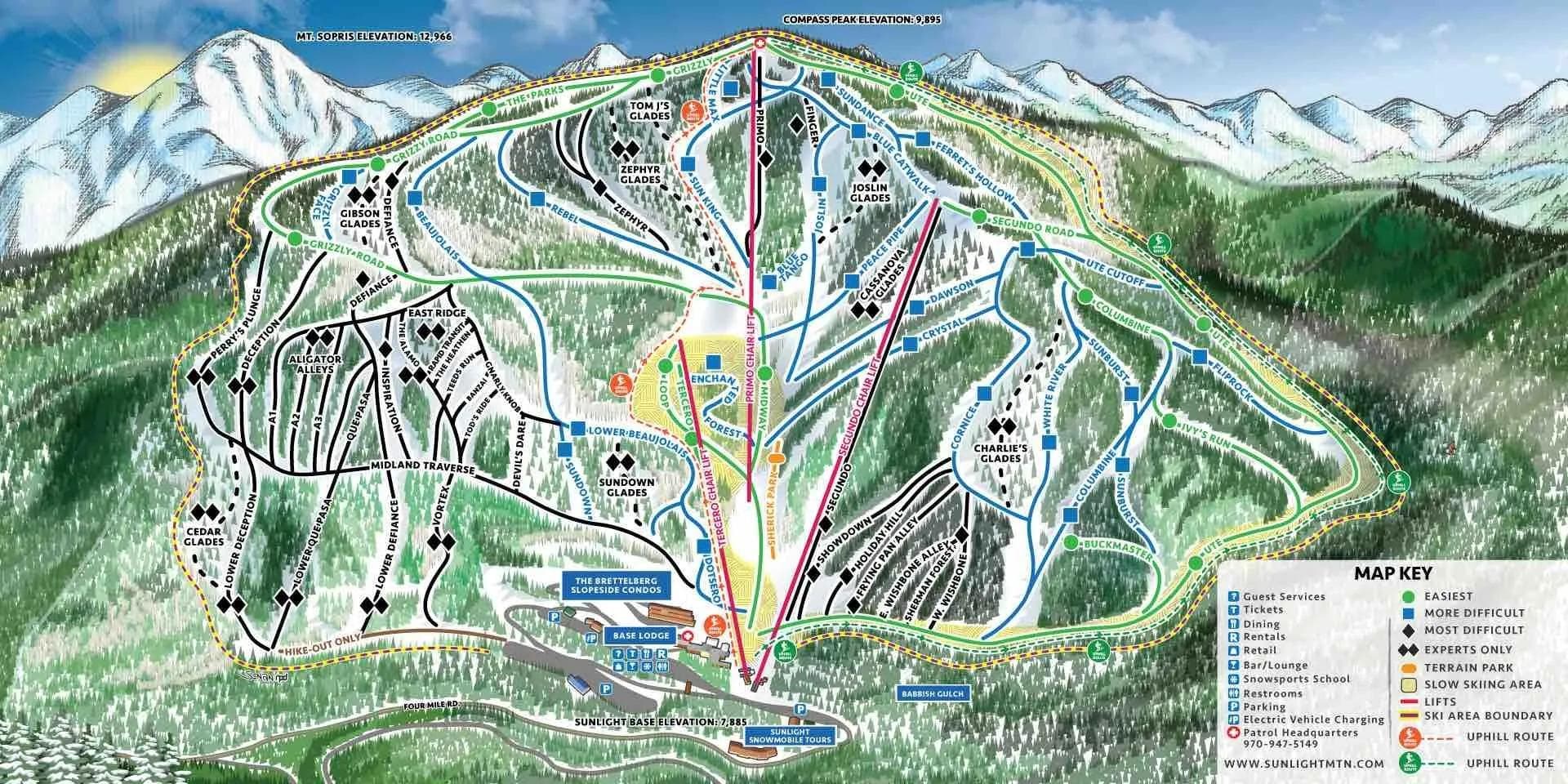 Sunlight Mountain complete trail map showing all ski runs and lifts