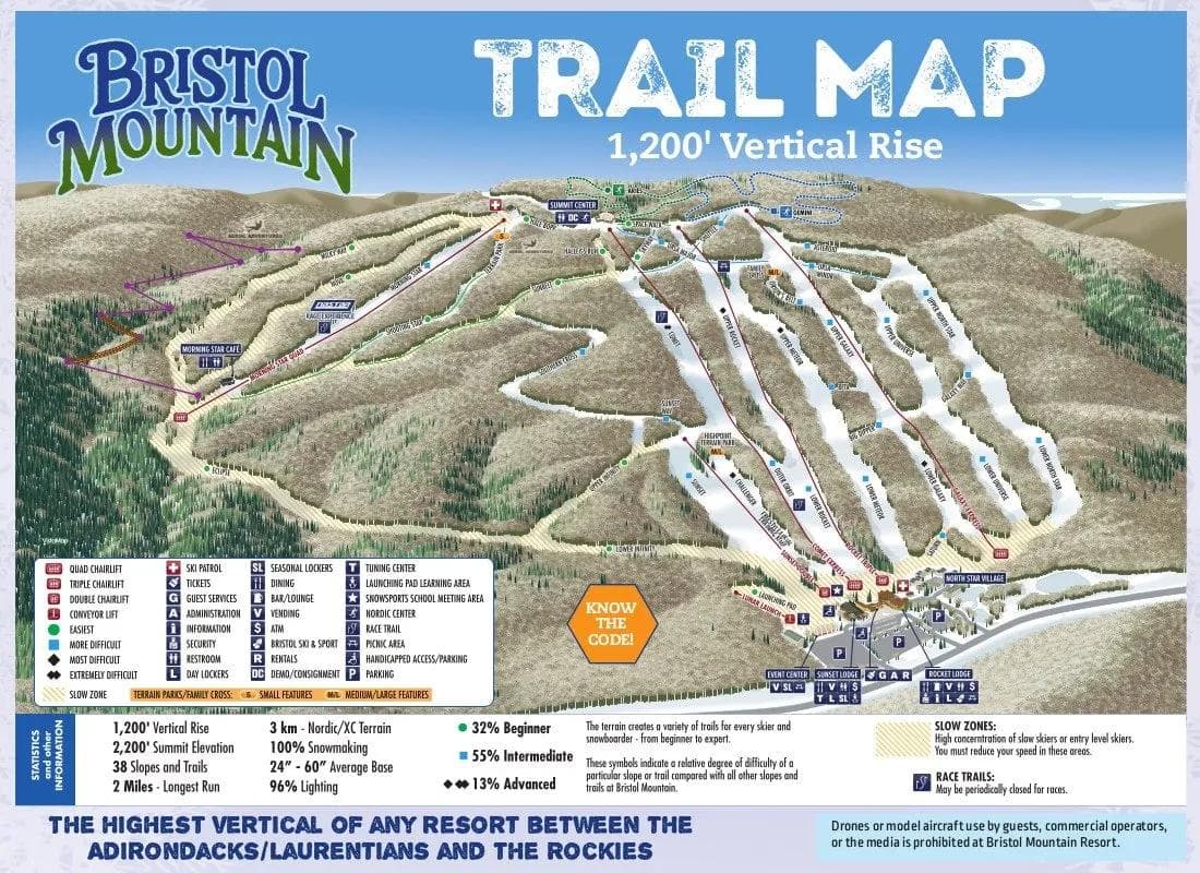 Bristol Mountain complete trail map showing all ski runs and lifts