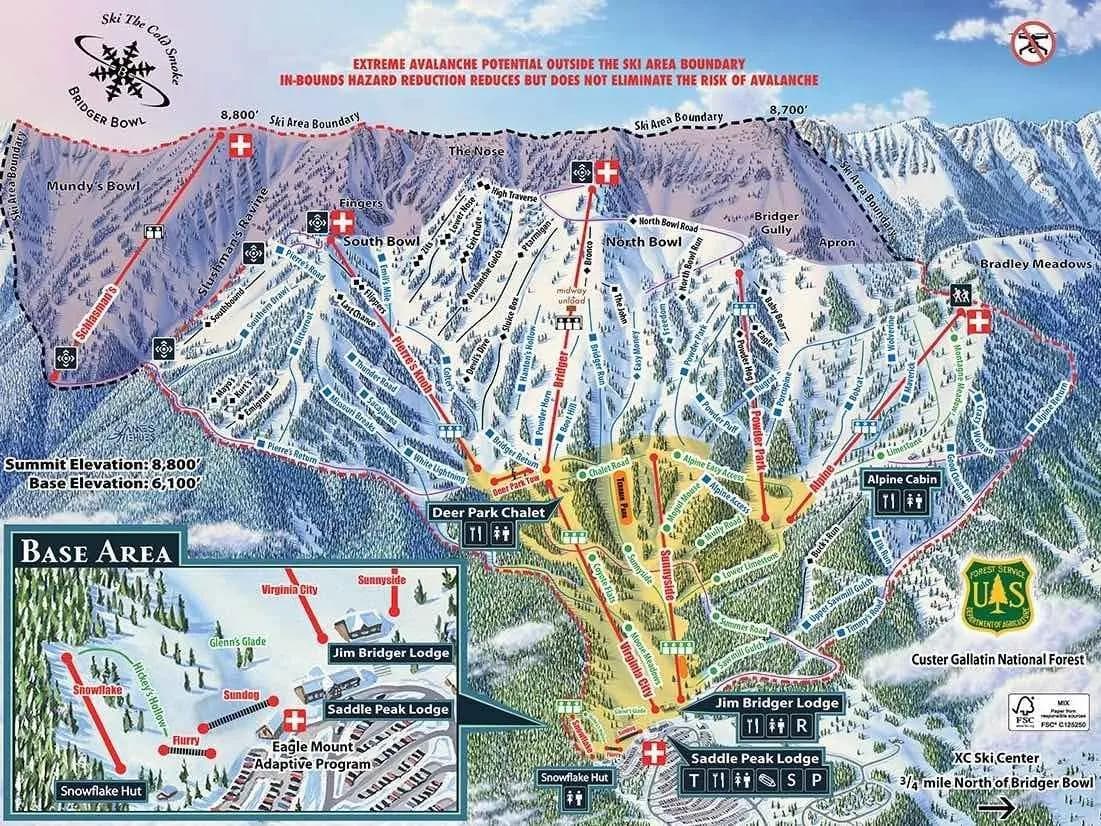 Bridger Bowl complete trail map showing all ski runs and lifts
