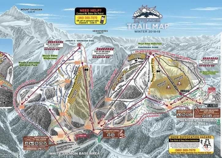 Mt Baker complete trail map showing all ski runs and lifts