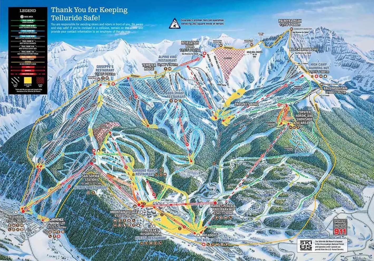 Telluride complete trail map showing all ski runs and lifts