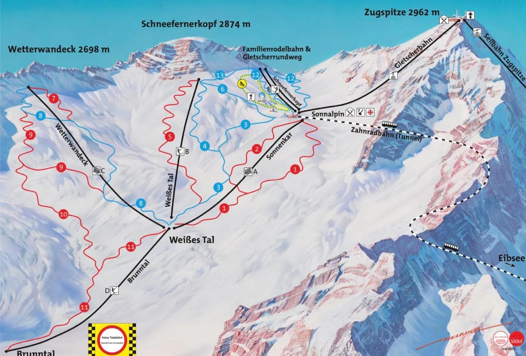 Zugspitze complete trail map showing all ski runs and lifts