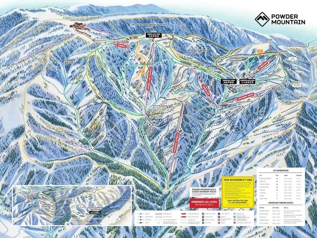 Powder Mountain complete trail map showing all ski runs and lifts