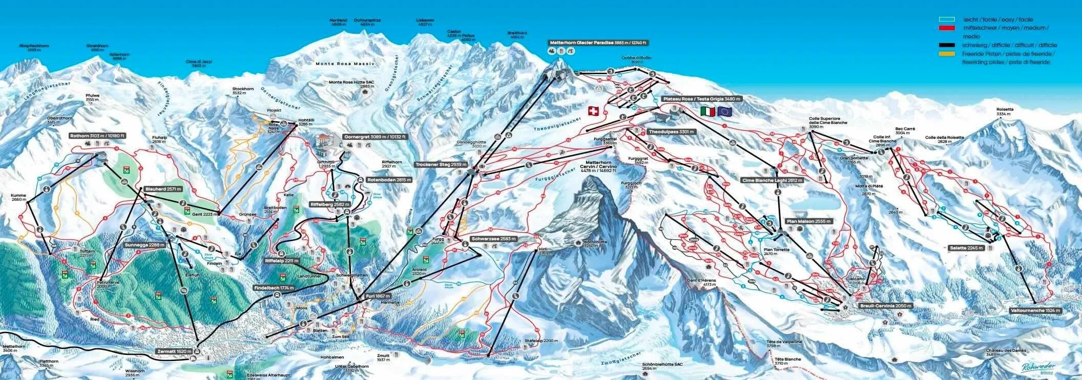 Zermatt complete trail map showing all ski runs and lifts