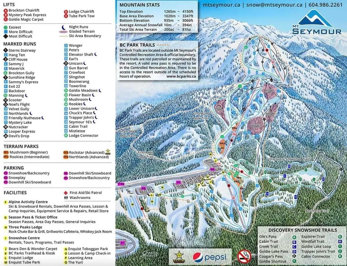 Mt Seymour complete trail map showing all ski runs and lifts