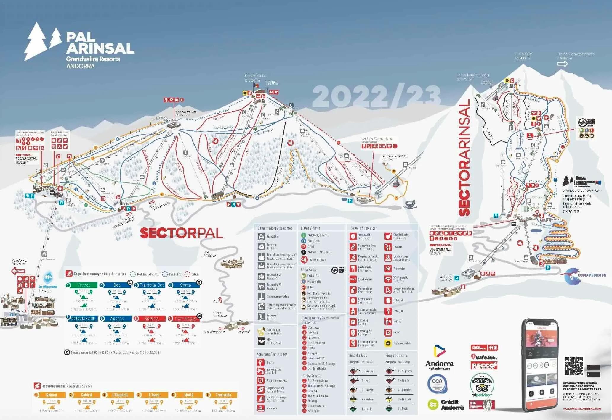 Arinsal Pal complete trail map showing all ski runs and lifts