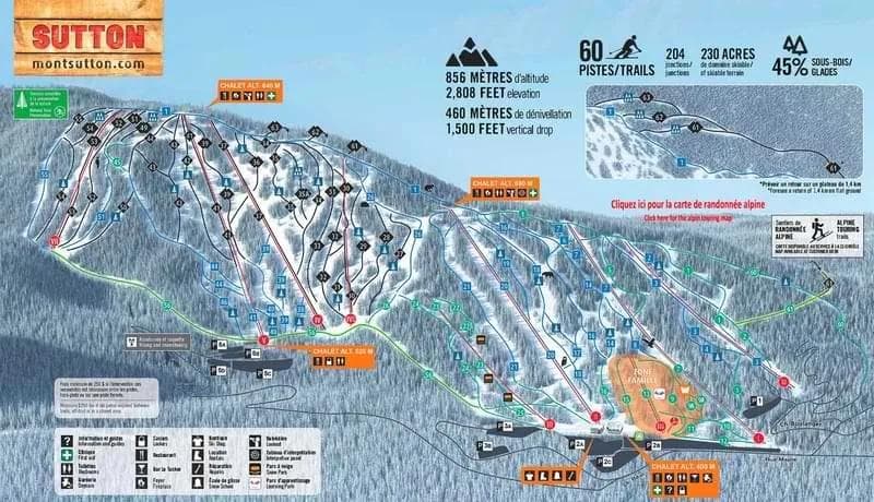 Mont Sutton complete trail map showing all ski runs and lifts