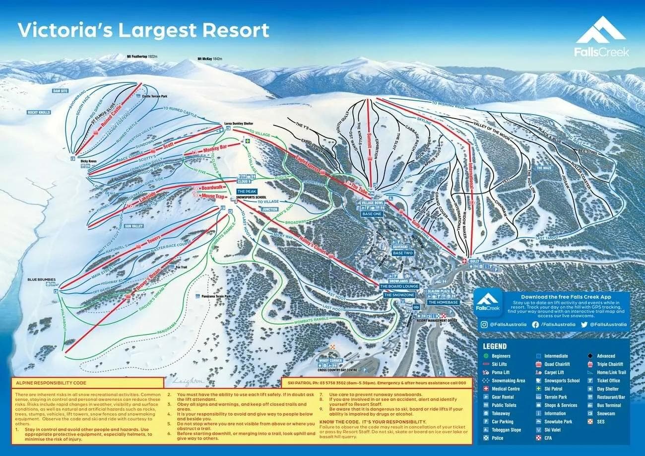 Falls Creek complete trail map showing all ski runs and lifts