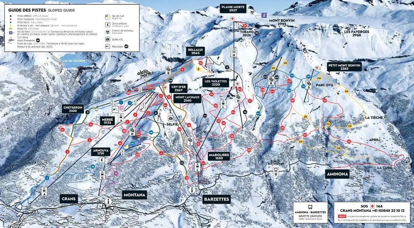 Crans Montana complete trail map showing all ski runs and lifts