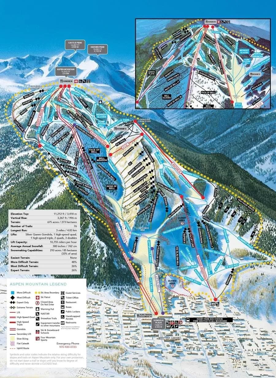 Aspen Mountain complete trail map showing all ski runs and lifts