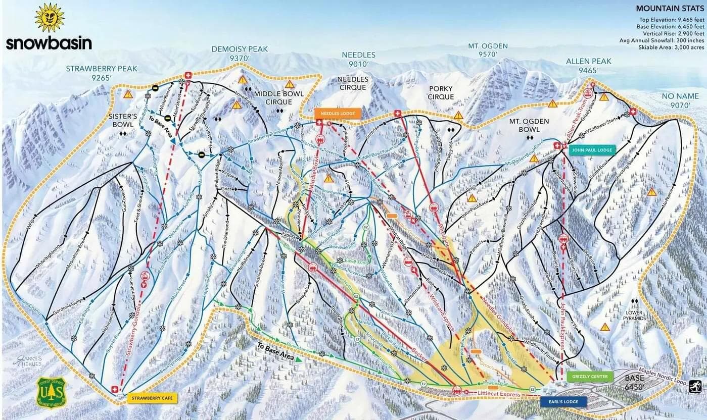 Snowbasin complete trail map showing all ski runs and lifts