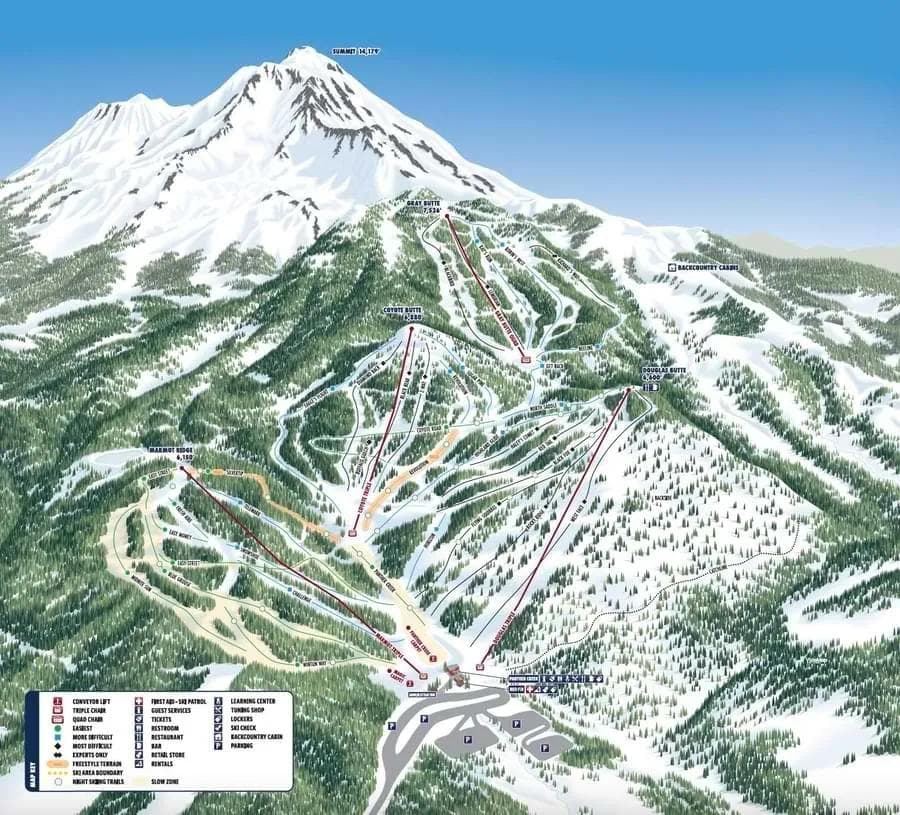 Mt Shasta Ski Park complete trail map showing all ski runs and lifts