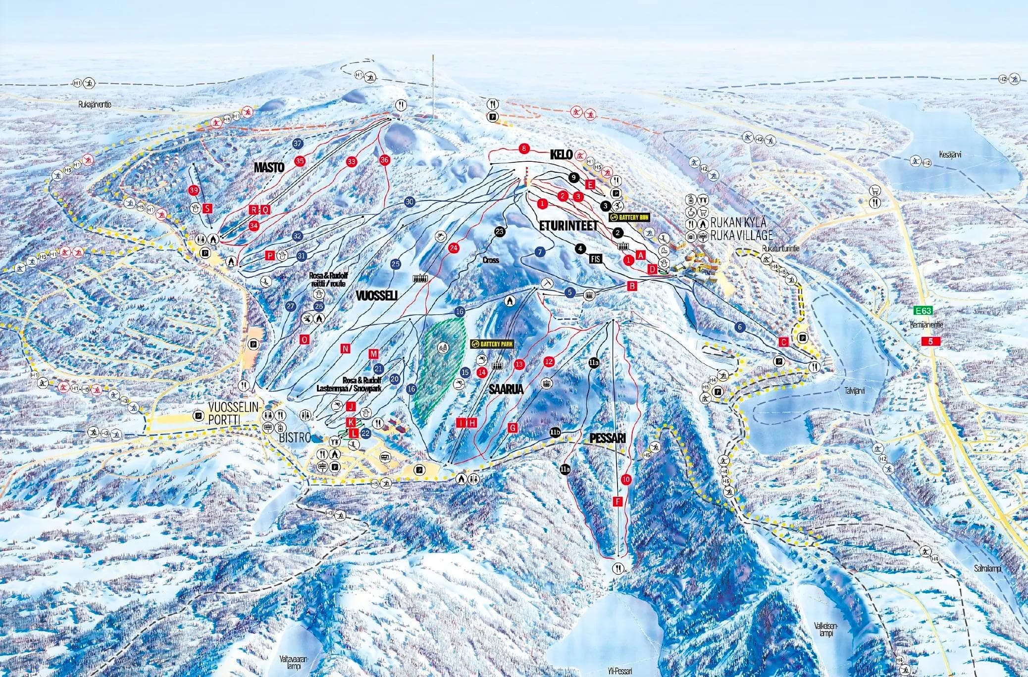 Ruka complete trail map showing all ski runs and lifts