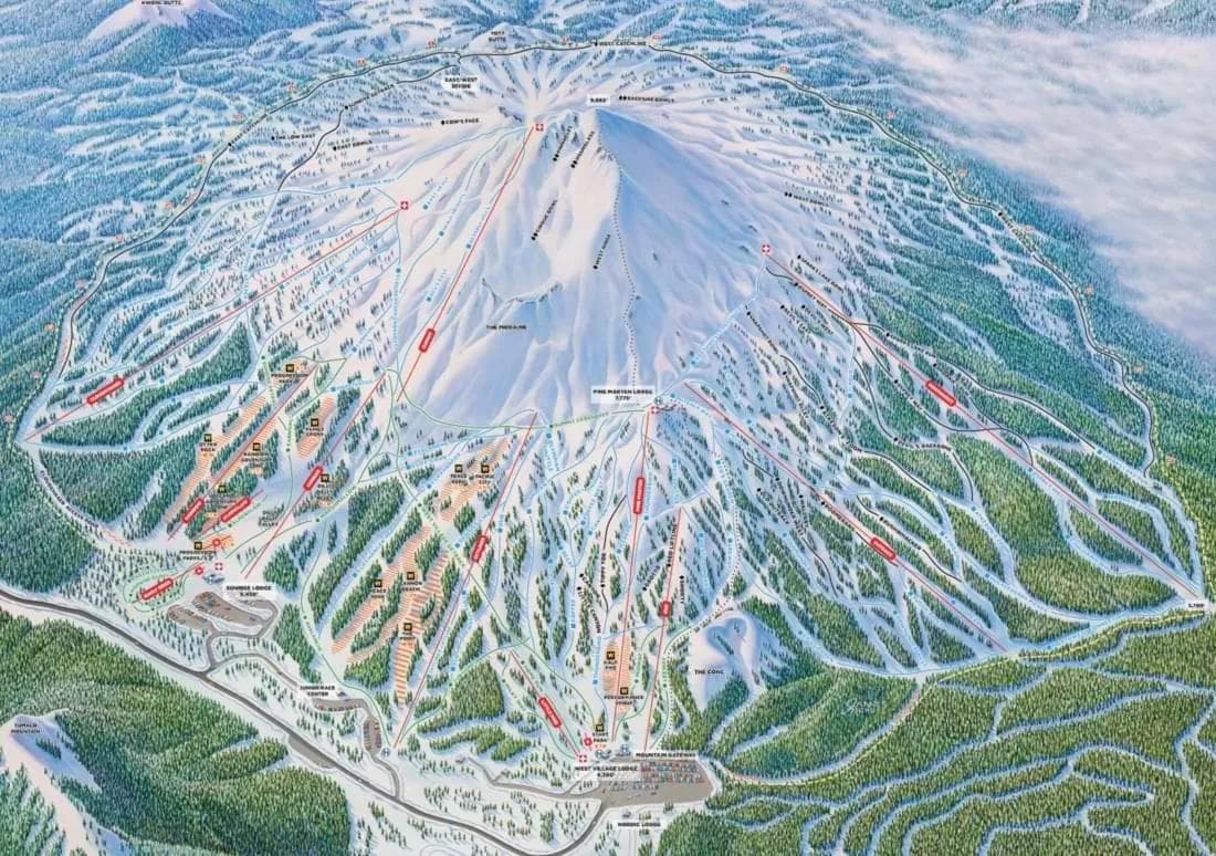 Mt Bachelor complete trail map showing all ski runs and lifts
